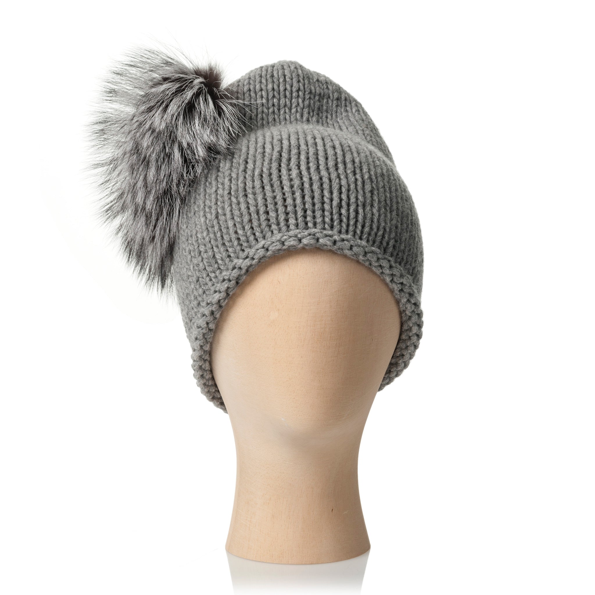 New Custom Designed Gray Cashmere Blend Pom Beanie w/ Large Metallic Silver Lock CASHMERE LONG BEANIE WITH POMPON – INVERNI main image 2