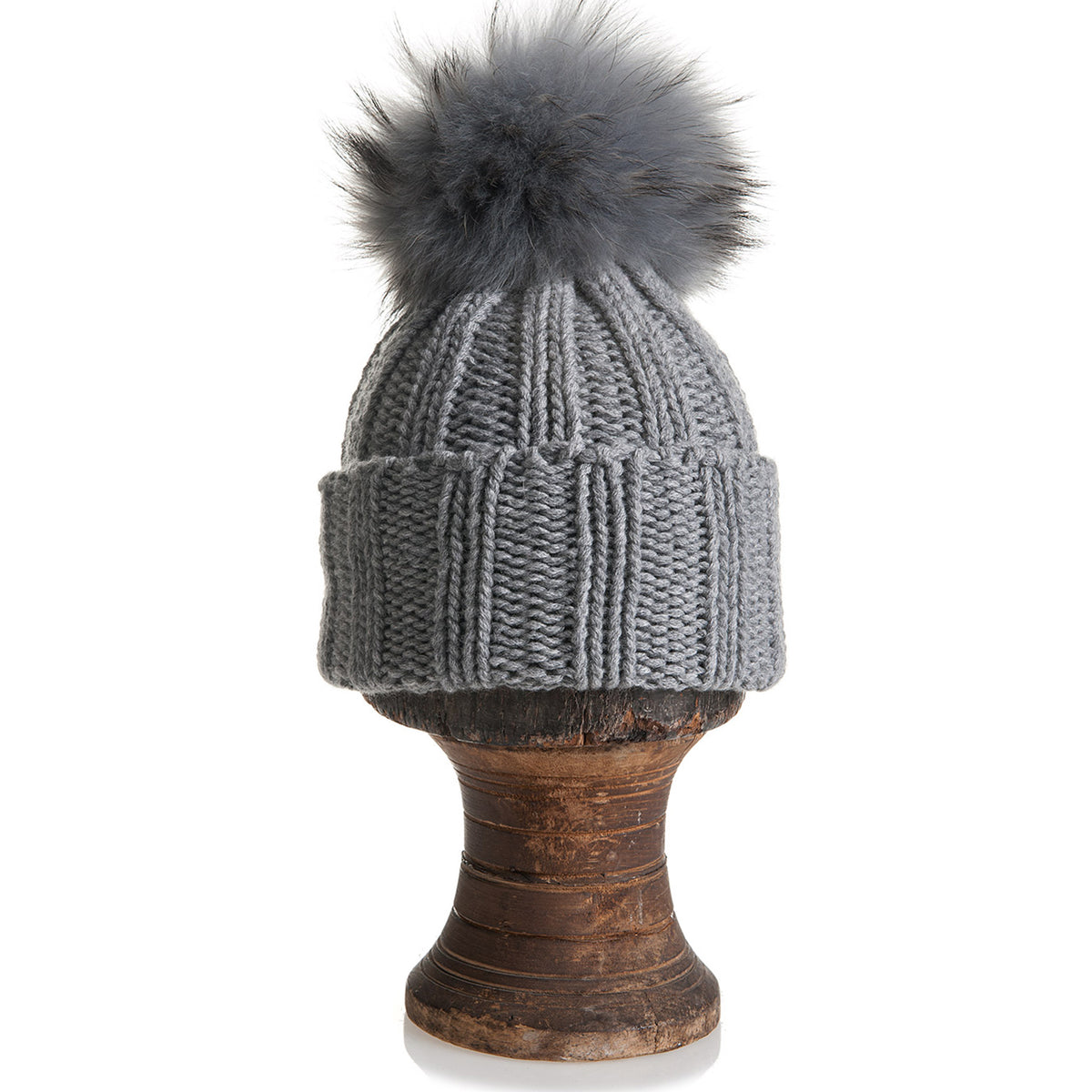 Inverni Firenze 1892 Gray Knit Hat with Fox Fur Adjustable Grey Fox Fur Viking Hat with Woven Dark Grey Knit Top – West  main image 2